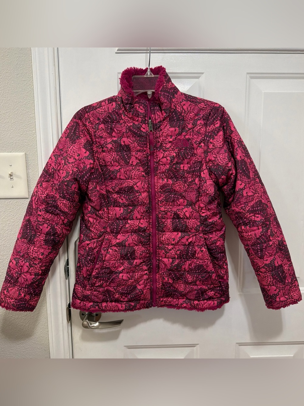 The North Face Reversible Mossbud Jacket Girls L 14 Pink Butterfly Full Zip